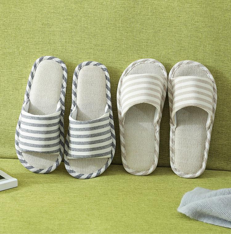 Men and Women Four Seasons Linen Thick-soled Slippers Couple Horizontal Stripes Simple Home Bedroom Slippers Floor Confinement Shoes