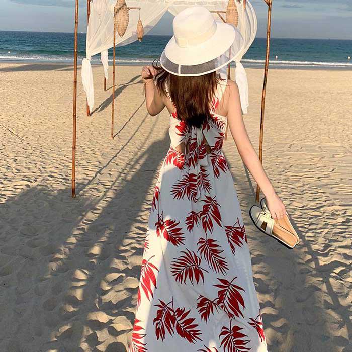 Pofulove Summer Women Red Leaf Sexy Dress Bohemia Sun-dresses Sleeveless Below Knee Beach Dresses