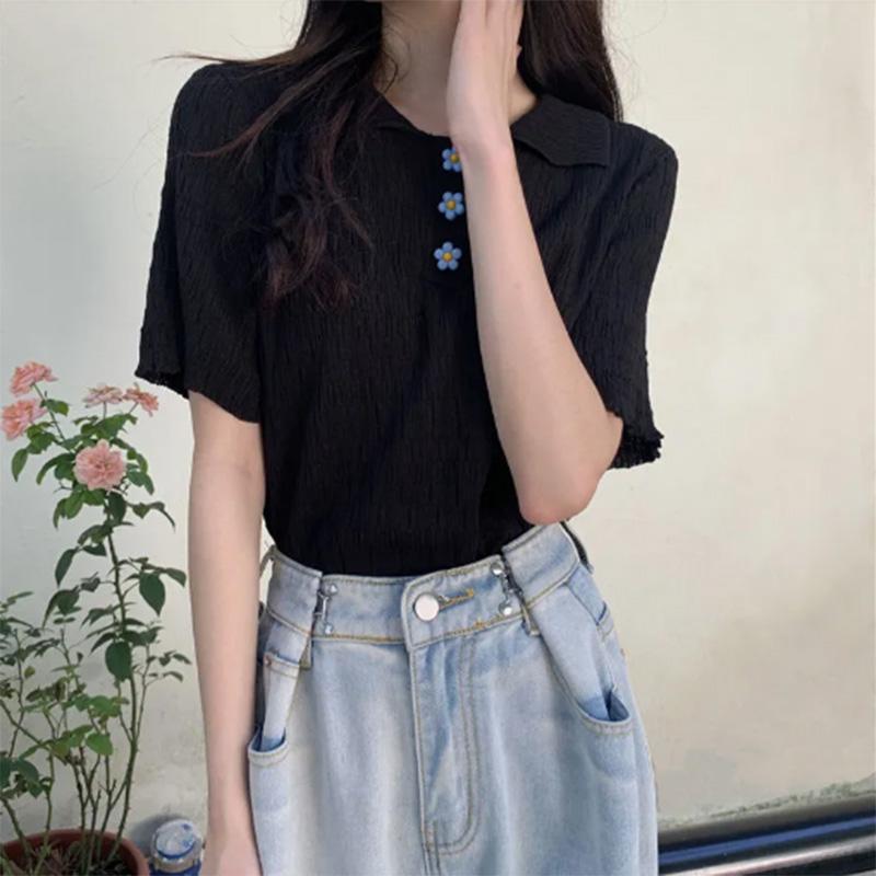 Summer Sweet and Cool Chic Short-sleeved Women's Thin Trendy Design Niche Knitted POLO Collar T-shirt Top