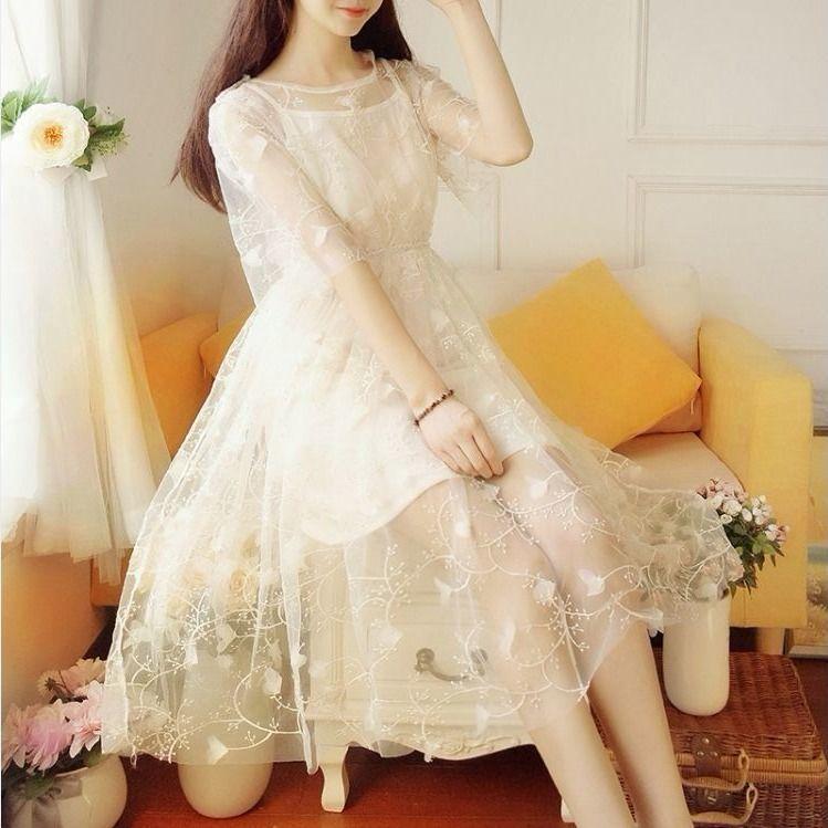 Women Summer Casual Fairy Dress Suit Vintage High Waist Short Sleeve Slim Elegant Base Slip Dress Lace Mesh Dress 2 Pieces Set