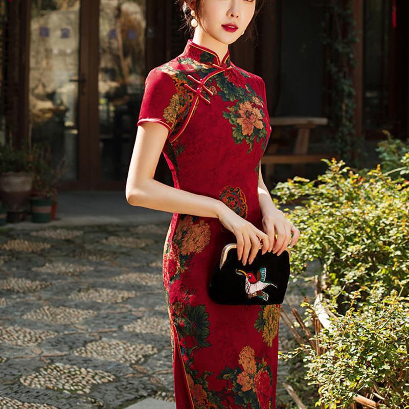 High-end Cheongsam Women's Mid-length Summer Short-sleeved Flower Luo Low Slits Retro Slim Slim Banquet Dress