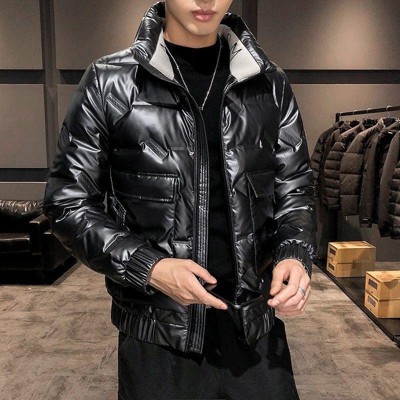 Short White Duck Down Men's Down Jacket Winter Fashion Trend Stand-up Collar Shiny Face Slim Black Jacket