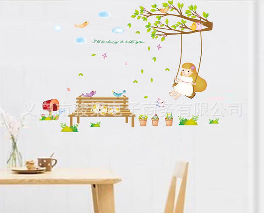 Little girl swinging the living room bedroom sofa background decoration removable wall stickers