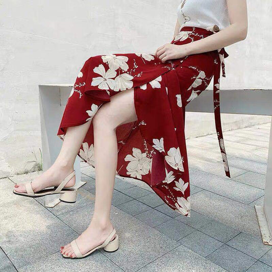 Spring and Summer Half-length Skirts Women's Wrap Skirts Cool Floral One-piece Split Sunscreen Beach Skirt Thin Mid-length A-line Skirt Floral Skirt