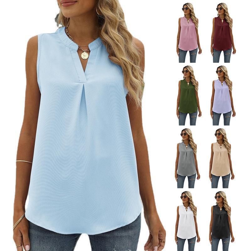 European and American Shirt Women's Spring and Summer Solid Color Chiffon Shirt Loose V-neck Pullover Sleeveless Top Vest