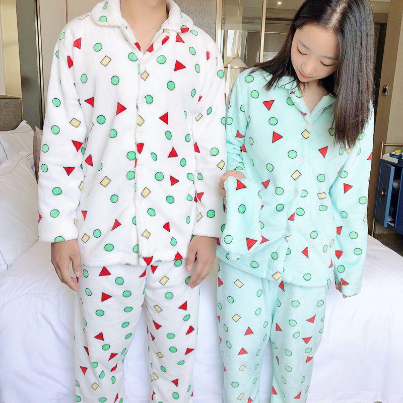 Flannel Cartoon Cute Pajamas Suit Women Winter Coral Fleece Homewear Autumn Thickening Sleepwear Set Geometry Winter Warm Nightwear Top and Pant Sets