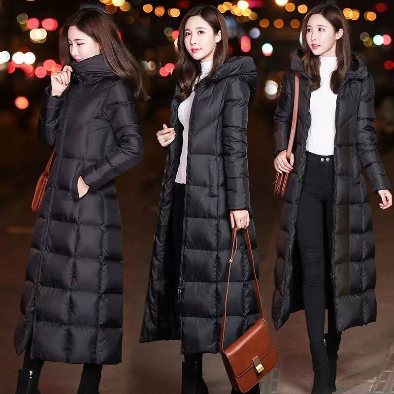 Winter Women's Down Down Hooded Cotton Jacket Plus Velvet Thick Warmth Parker Clothing Large Size Super Long Fashion Slim Jacket