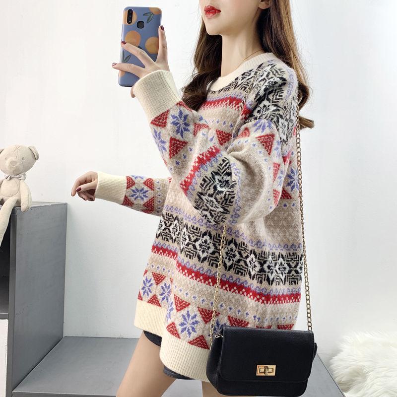 Autumn and Winter Retro Geometric Pattern Sweater Loose Casual Jacquard Top Pure Cute Girl Sweater