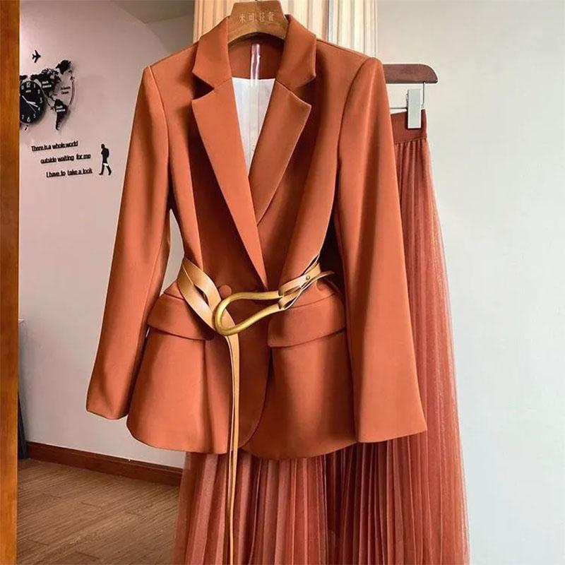 2PCS Women's Autumn High-end Two-piece Suit Jacket + Gauze Skirt Suit Jacket A-line Skirt Casual Work Clothing Ladies Elegant Sets