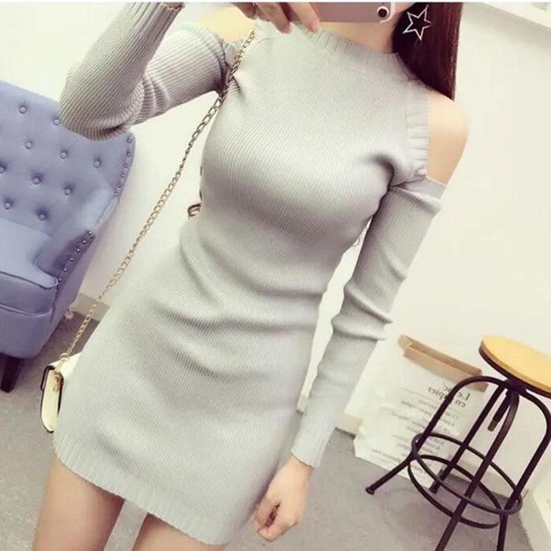 Spring Autumn Women's Knitted Pullover Sweater Sexy  Off-shoulder Long Sleeve Knit Dress Women's Mid-length Bag Hip Base Bodycon Sweater Dress