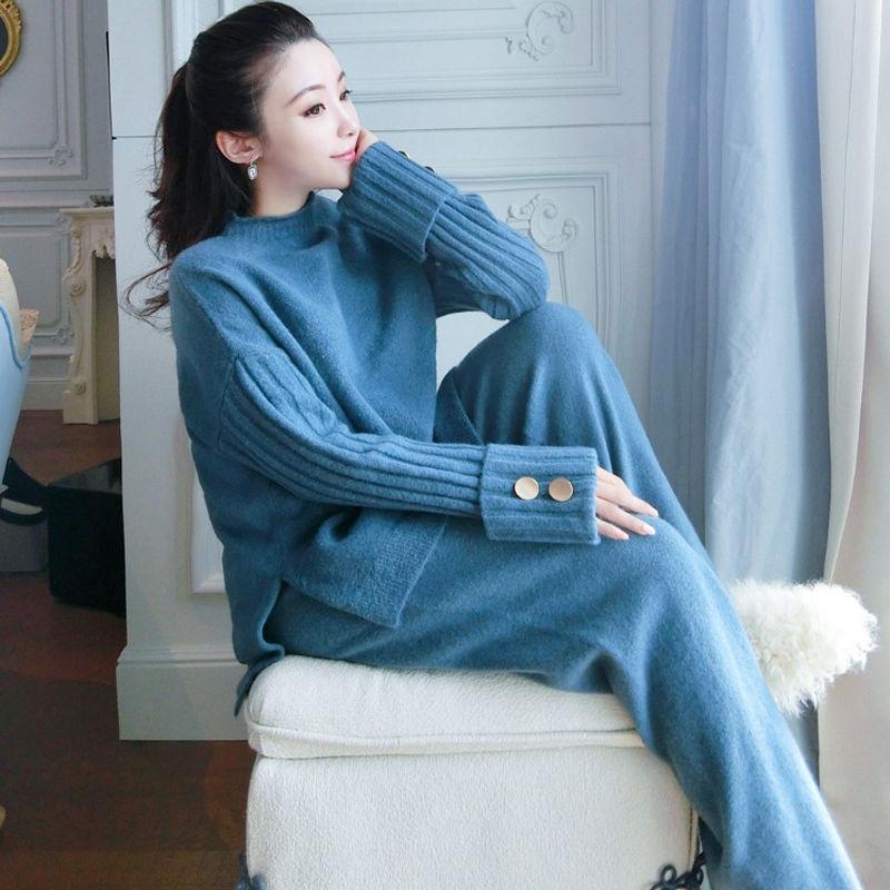 2pcs/set Women Knitted Two-piece Sweater Women's Solid Color Thick Turtleneck Sweater and Loose Knitted Wide-leg Pants Two-piece Set Outfits