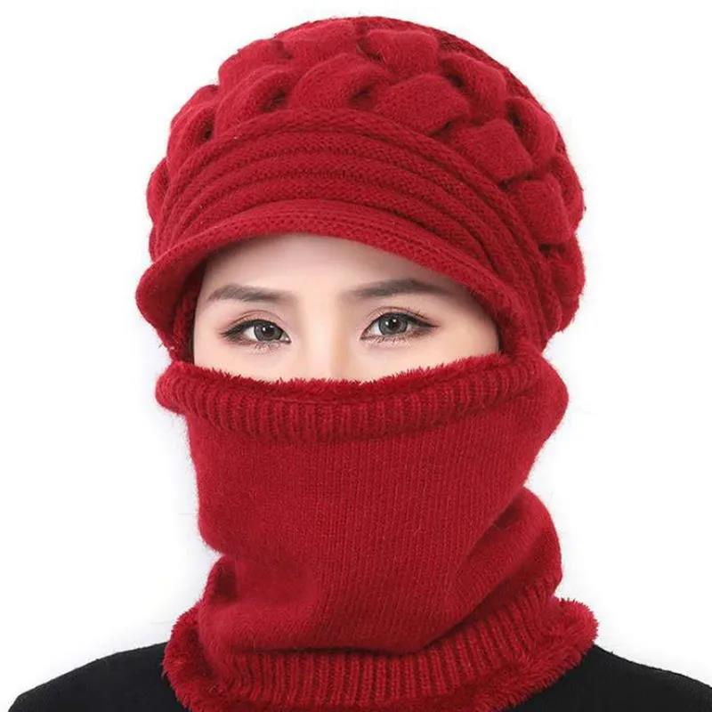 Winter Knitted Hat Bib Set Korean Fashion Fashion Warm Woolen Hat Cycling Windproof Ear Protection Women's One-piece Cap