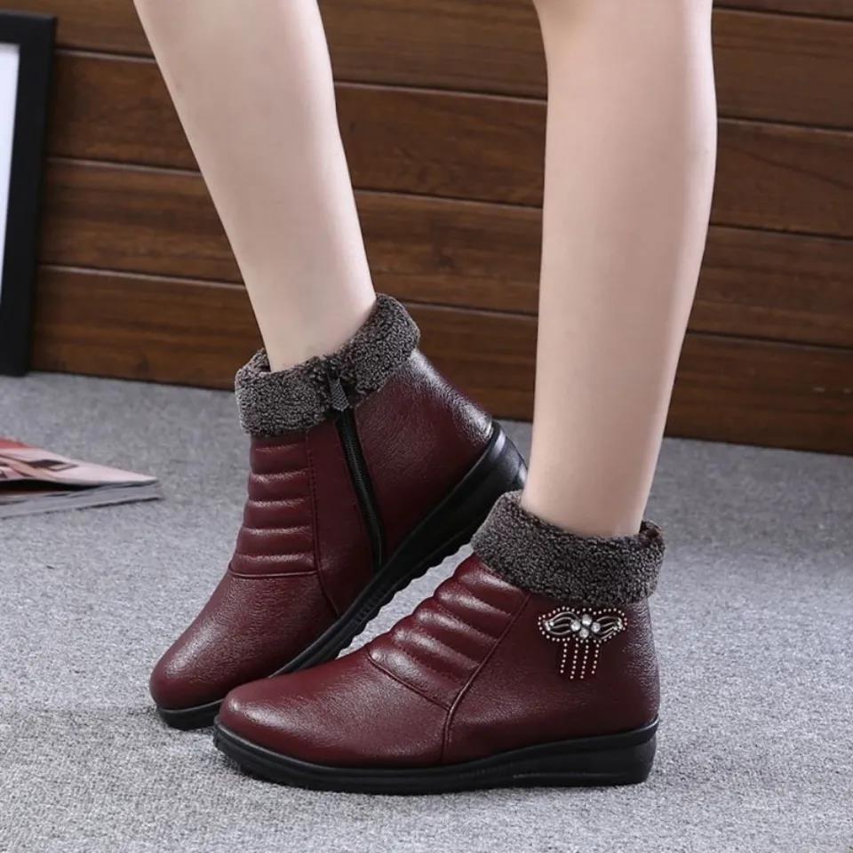 Plus Fleece Autumn and Winter Warm Short-tube Cotton Boots Waterproof Non-slip Thick-soled Women's Cotton Shoes