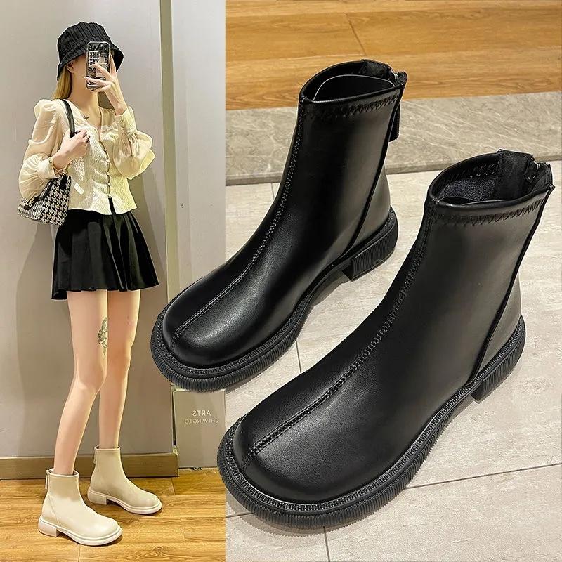 Autumn and Winter Women's Boots Women's Short Boots Ankle Boots Rear Zipper Leather Boots Martin Boots Chelsea Boots Plus Velvet Boots Snow Boots