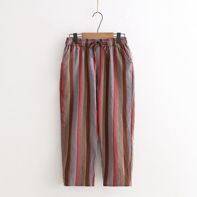 Cotton Nine-point Pants Women Loose Summer Wild Striped Casual Pants Harem Pants Carrot Pants Trendy Women