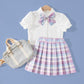 Girls Pleated Skirt Suit Big Children Elementary School Students Summer Puff Sleeve Jk Uniform Skirt Children's College Style Skirt Summer Dress