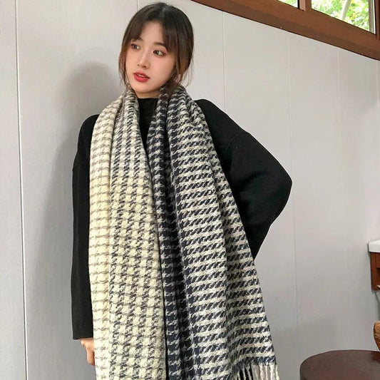 Scarf Women Winter Thicken Warm Knit Scarves Lady Plaid Tassels Fashion Long Soft Knitted Shawl Houndstooth Designe 2021 Female Scarfs