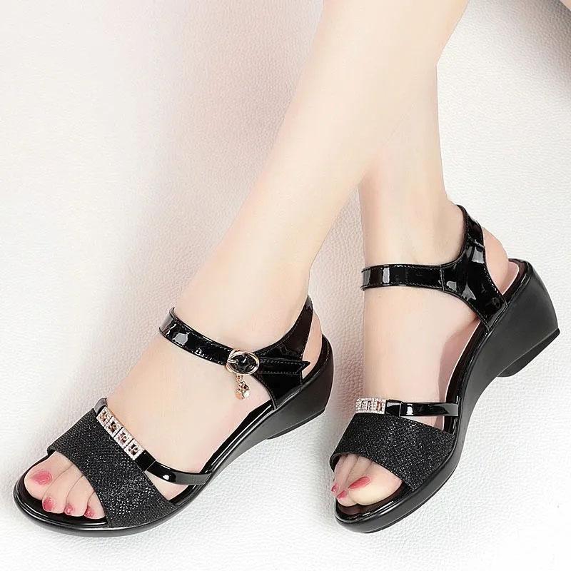 Leather Sandals Women's Open Toe Wedge Roman Shoes Women's Summer Thick Mid-heel All-match Soft Bottom Ladies Sandals