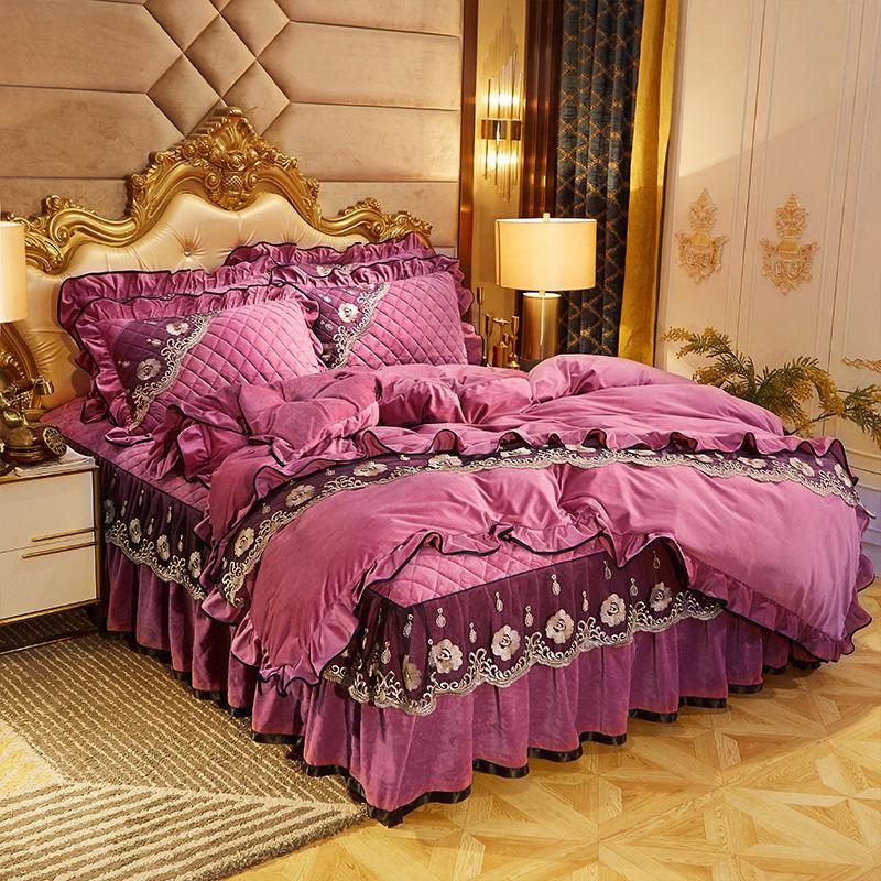 4pcs/set Crystal Velvet Warm Bed Skirt Plus Velvet Thick Bedding Korean High-end Bed Linen