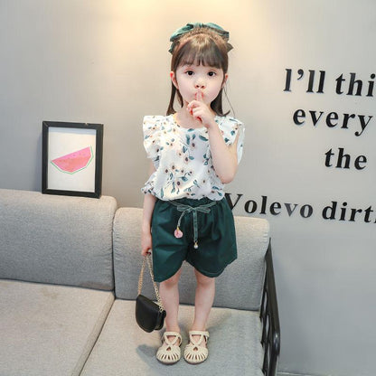 2PCS Children Clothing Set Spring Summer Girls Suits Printing Short Ruffles Sleeve Tops + Pants Clothing Set