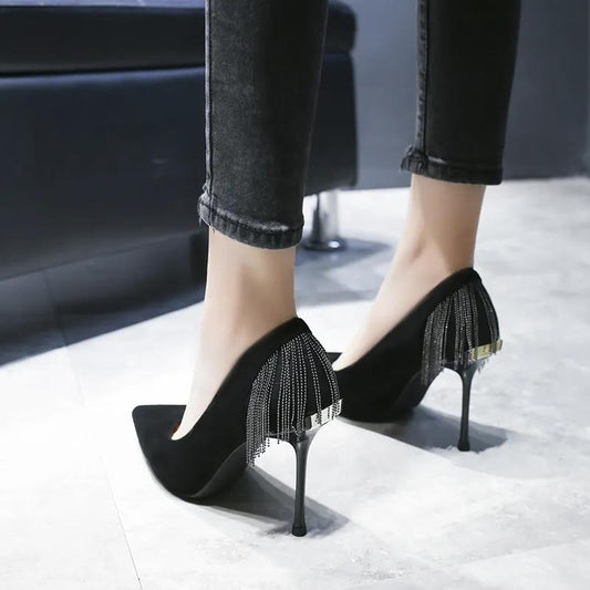 Pointed High Heels Female Spring and Summer Stiletto French Girl Sexy Black High Heels with Fringed Fringe