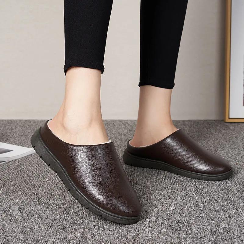 Cotton Slippers Winter Leather Waterproof Thick Warm Women Slide Plus Size Mens Slippers