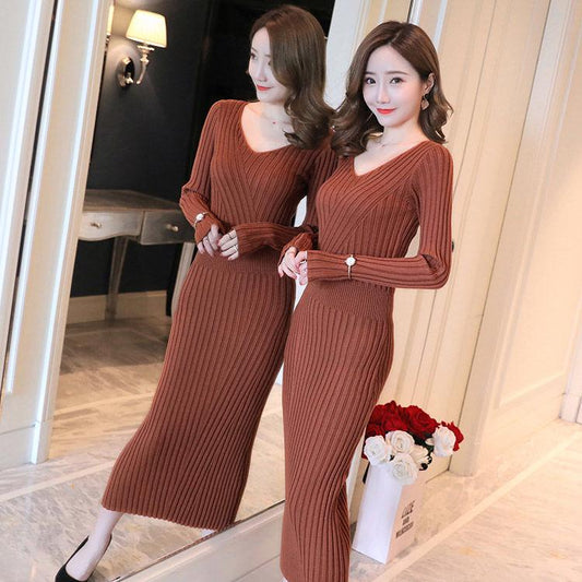 Women's Bottoming Shirt Knit Dress Fashion Slim Pullover V-neck Sweater Knitted Dress Mid-length Bottoming Shirt