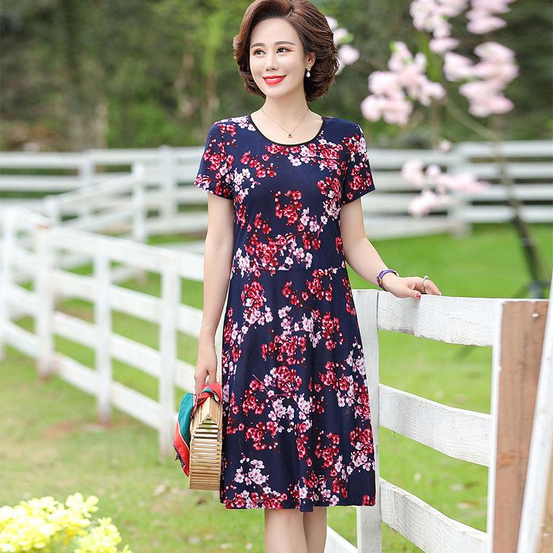 Round Neck Floral Dress Loose Large Size Slimming Women's Dress Short Sleeve Long Skirt Slimming Skirt Fabric Light and Breathable