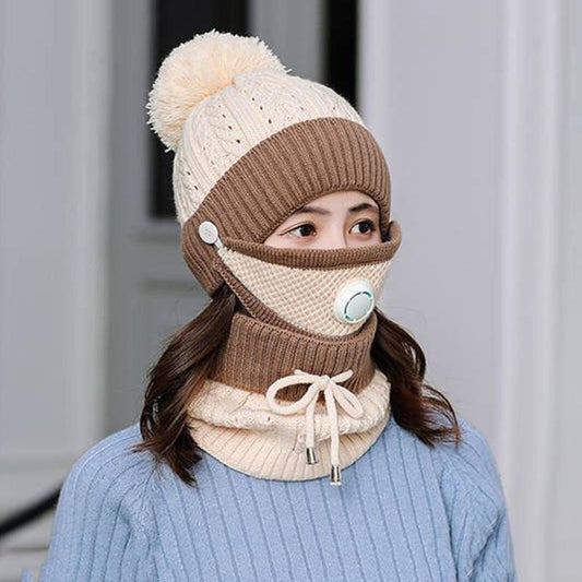 Women's Winter Hat with Velvet To Keep Warm One-piece Woolen Knit Hat Ladies Cycling Wind and Cold Bib Breathing Valve Mask One-piece Cap