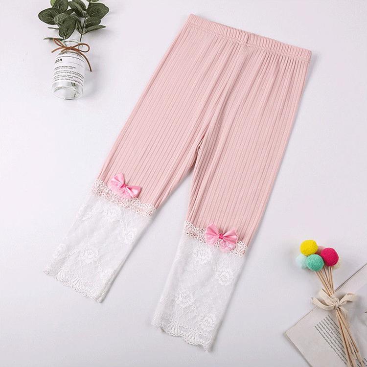 Girls' Leggings Children's Spring and Autumn Thin Lace Hollow Bow Korean Solid Color Capris Elastic Pants