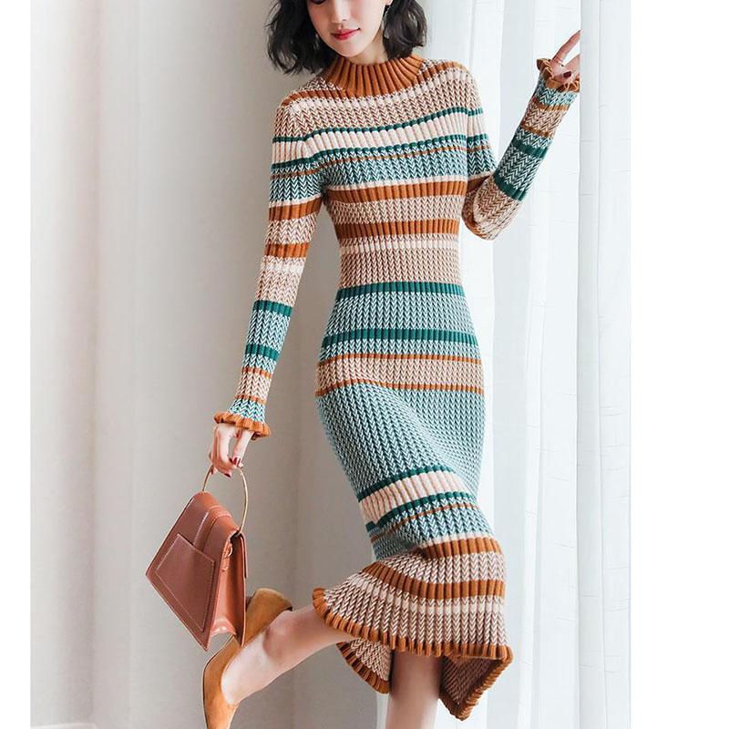 Autumn and Winter Long Knitted Dress French Retro Dress High Neck Over The Knee Women Sweater Dress