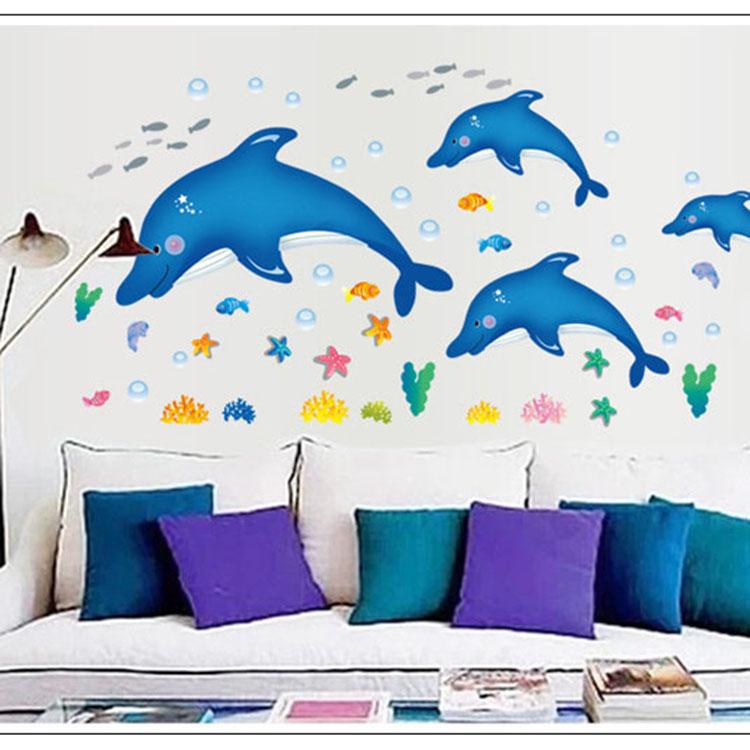 Cartoon Dolphin Wall Stickers Home Accessories Background decorative sea animal wallpaper