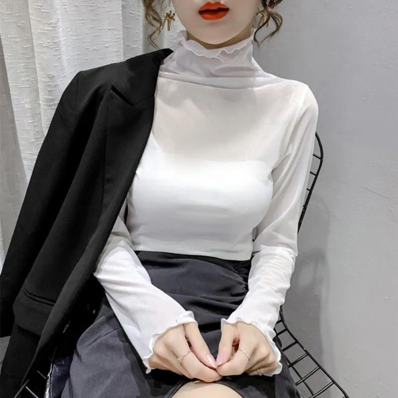 Sexy Women T Shirt See Through Transparent  Tops Long Sleeve Sheer Slim Ladies Turtleneck T-Shirt New Arrival Women Pullover