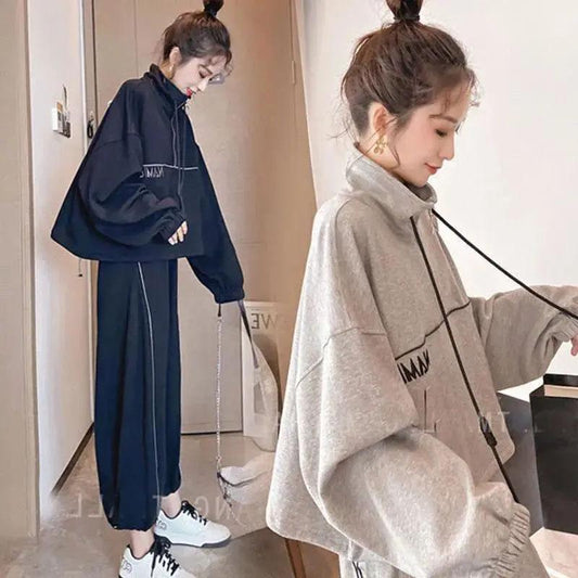 2PCS Women's Casual Sportswear Suit Korean Version Loose Zipper Cardigan + Wide-leg Trousers Two-piece Women's Slimming Fitness Suit