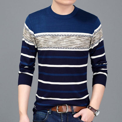 WTEMPO Men Pullover Long-sleeved Warm Sweater Round Neck Striped Pullover Soft and Comfortable  Shirt