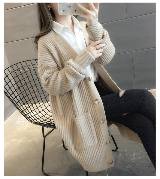 Sweater Coat Women's Winter Korean-style Loose-Fit Mid-length Outdoor Knitted Cardigan