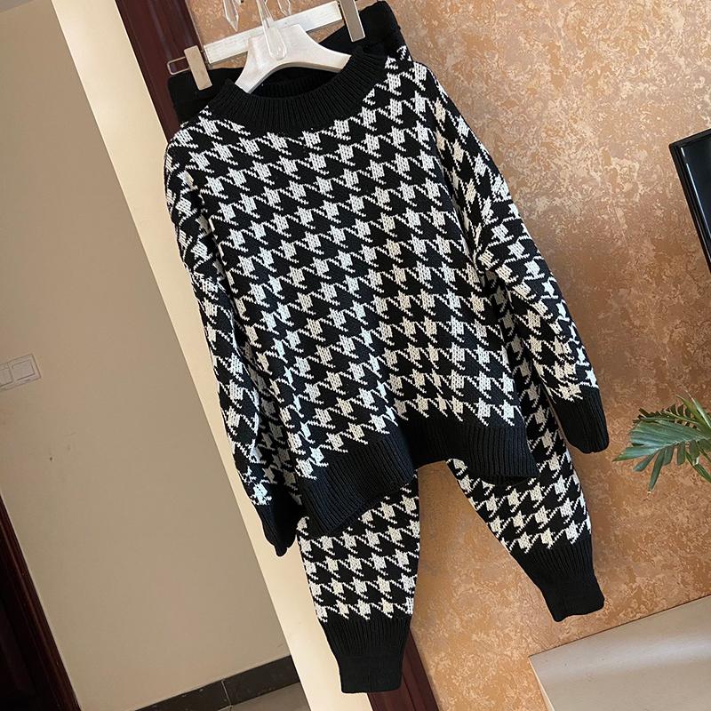 2pcs/set Women Knitted Tracksuit Houndstooth High Neck Sweater + Carrot Jogging Pants Pullover Sweater Set CHIC Knitted Outwear