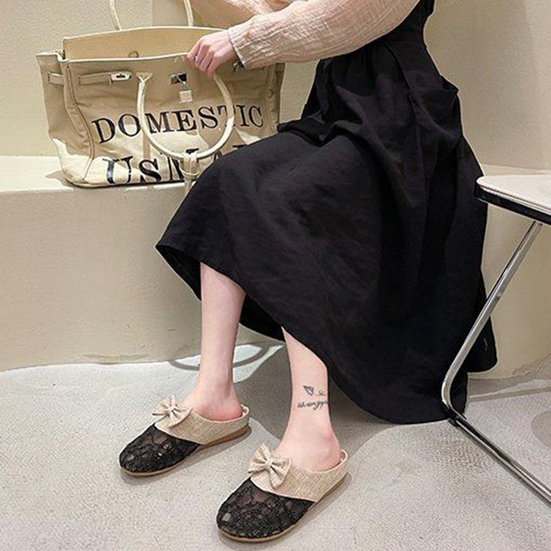 Lace Closed-toe Half Slippers Female Summer Hollow Linen Woven Loafers Lazy Outer Wear Sandals and Slippers