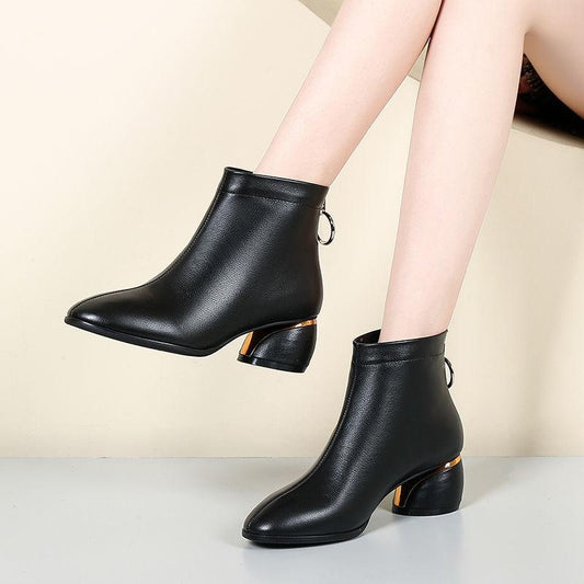 Women's Shoes Autumn and Winter Plus Velvet All-match Thick with Round Toe Half Tube Martin Boots Leather Boots