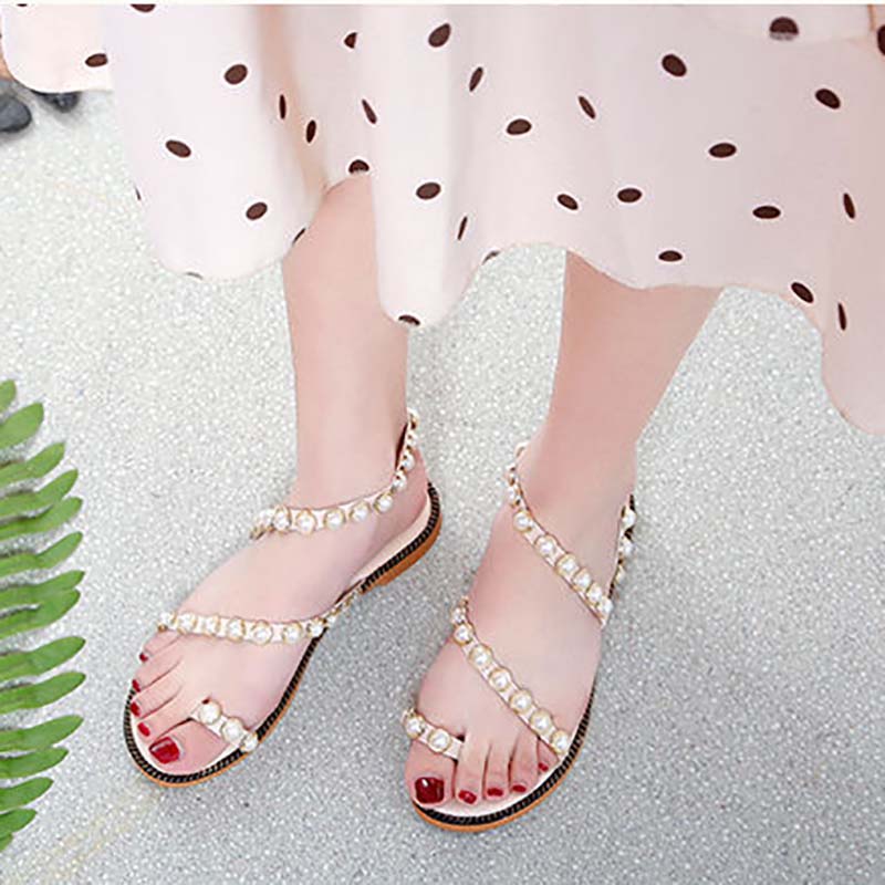 Pearl Sandals Female Summer Fairy Style Student Flat All-match Flip-flop Roman Sandals