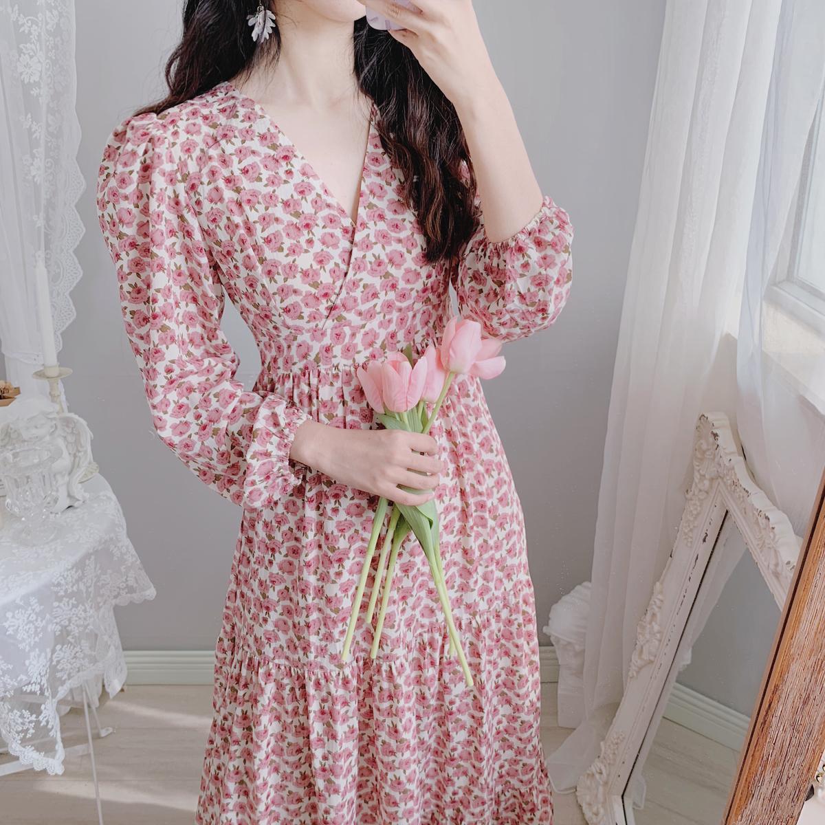 Female Elegant Vintage Pink Flower Print High Waist Dress Slim V-neck Ruffle Long Holiday Dress