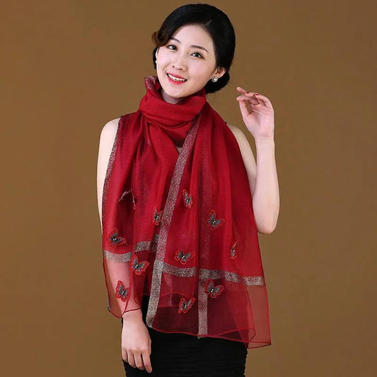 Women's Silk Scarf Mulberry Silk Scarves Autumn Winter Warm Butterfly Embroidery Shawl Long Mother Scarf Female Neck Collar Wrap Shawl Neckerchief