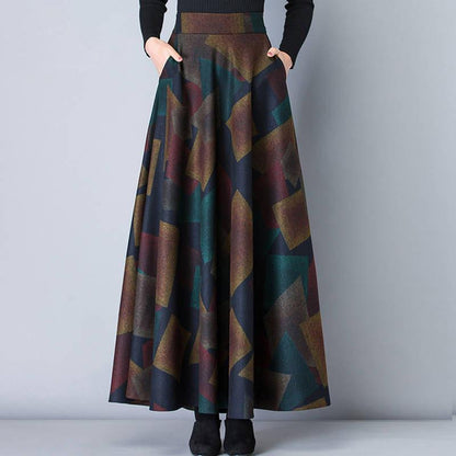 Winter Plus Size Woolen Skirt Female Printed Plaid A-line Skirt Long Maxi Skirt