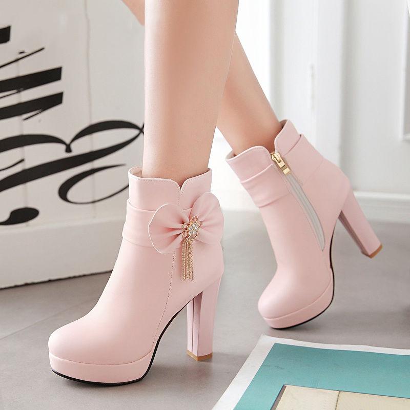 Sweet Ladies Booties Rhinestone Bow Side Zipper High Heel Ankle Boots Female Winter Plush Boots