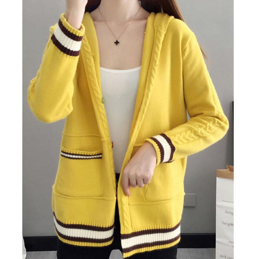 Spring and Autumn Knitted Cardigan Sweater Loose Hooded Large Size Top Short Color-blocking Women's Jacket