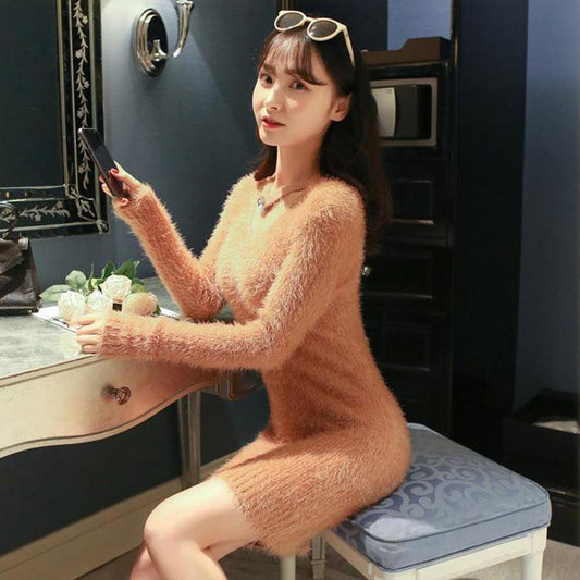 Autumn and Winter Mohair V-neck Sweater Pullover Mid-length Slim Top Solid Color Sexy Female Sweater Dress