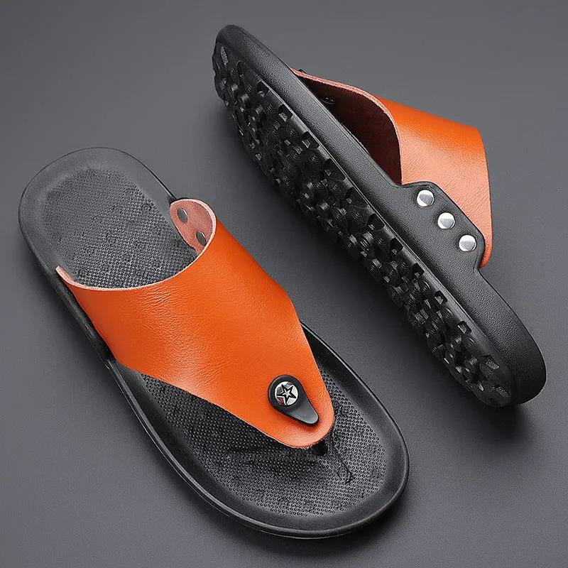 Real Leather Summer Slippers Men's Non-Slip Flip-Flops Fashion Casual Slippers Sandals