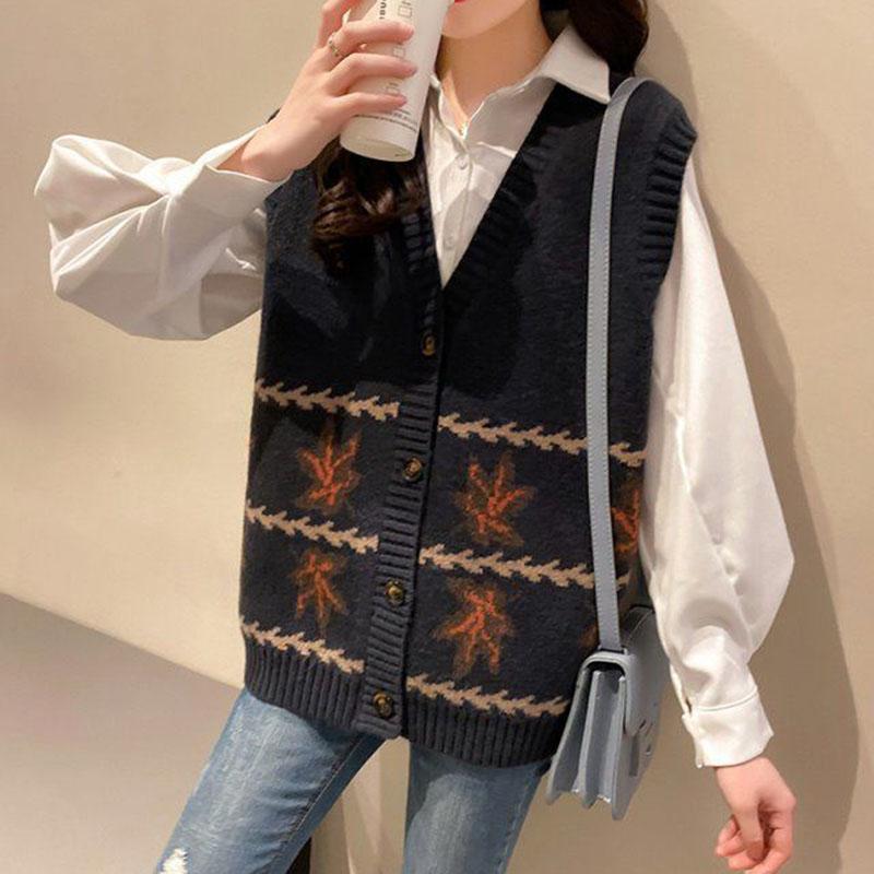 Spring and Autumn Fashion Knitted Vest Cardigan Loose and Versatile Tops Fashion Jacquard Women Sweater