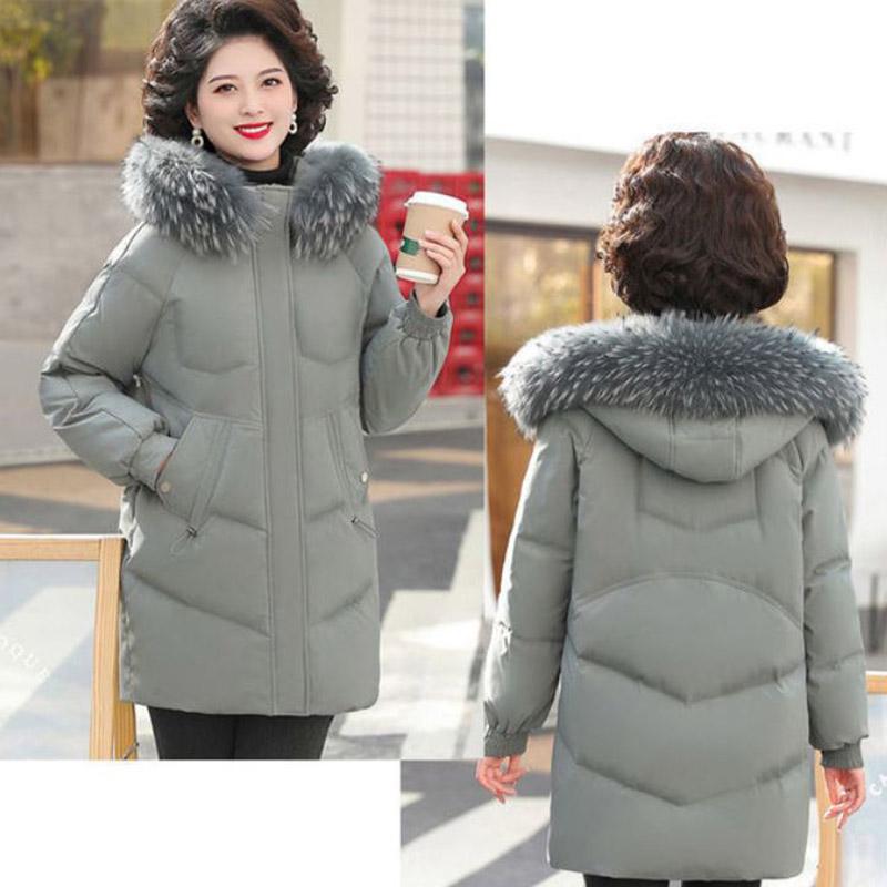 Down Jacket Winter Ladies Fashion Big Fur Collar Thick Warm Hooded Mid-length Plus Size Cotton Jacket