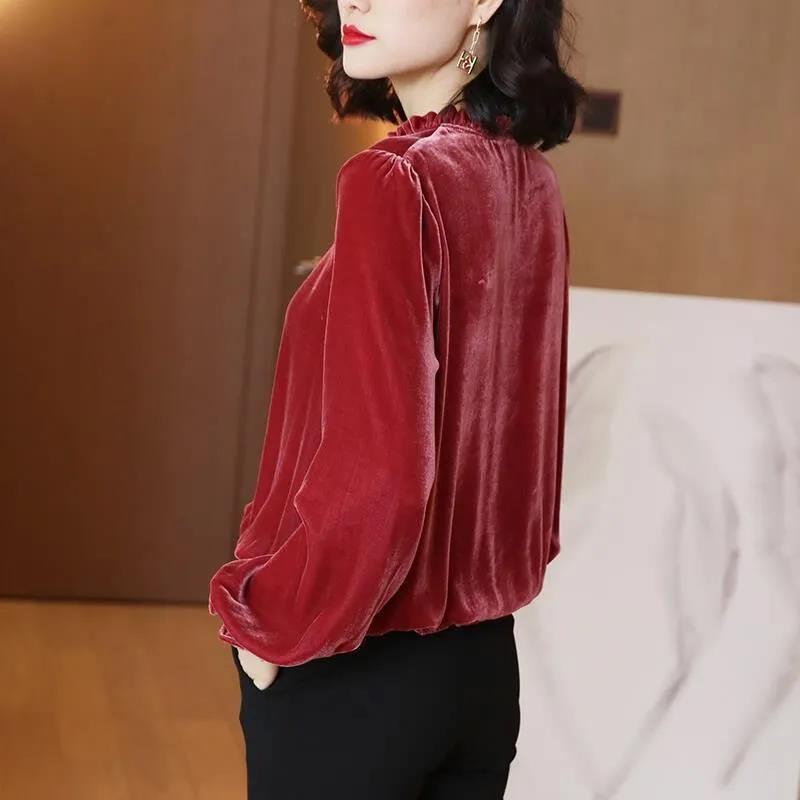 Autumn Spring Women Blouse Velvet Shirts Tops Vintage Long-sleeved Bow Ruffled Blouses Casual Loose Ladies Tops Female Clothes Pullover